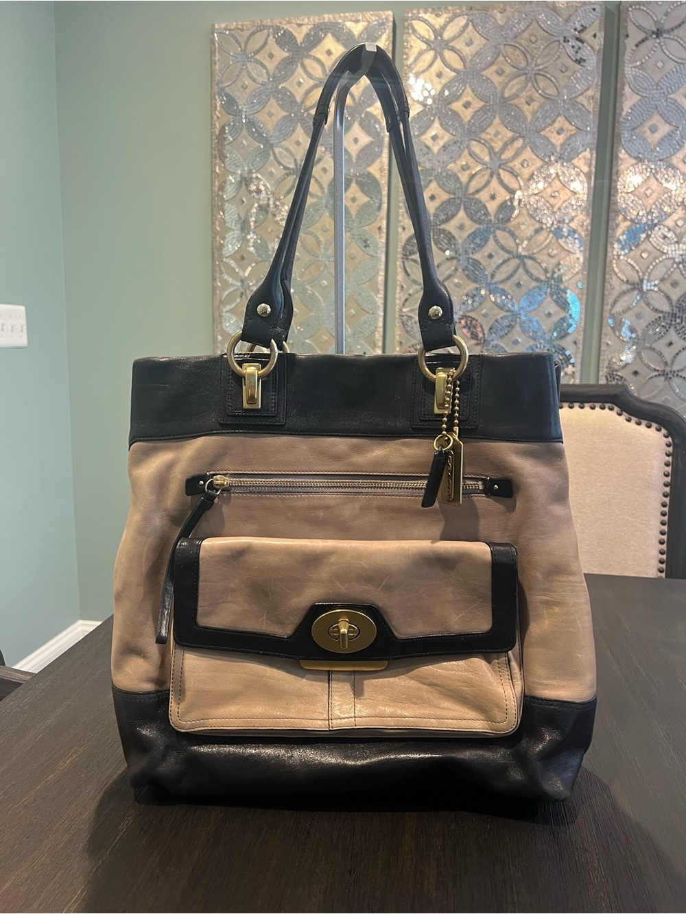 Coach Penelope XL Spectator Black Taupe Leather Tote 13158